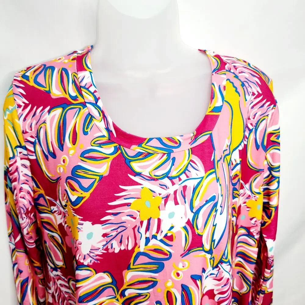 Women's Medium Pink Tropical Print Tunic Top 3/4 Sleeve Resort Wear Bold Print - Picture 6 of 13
